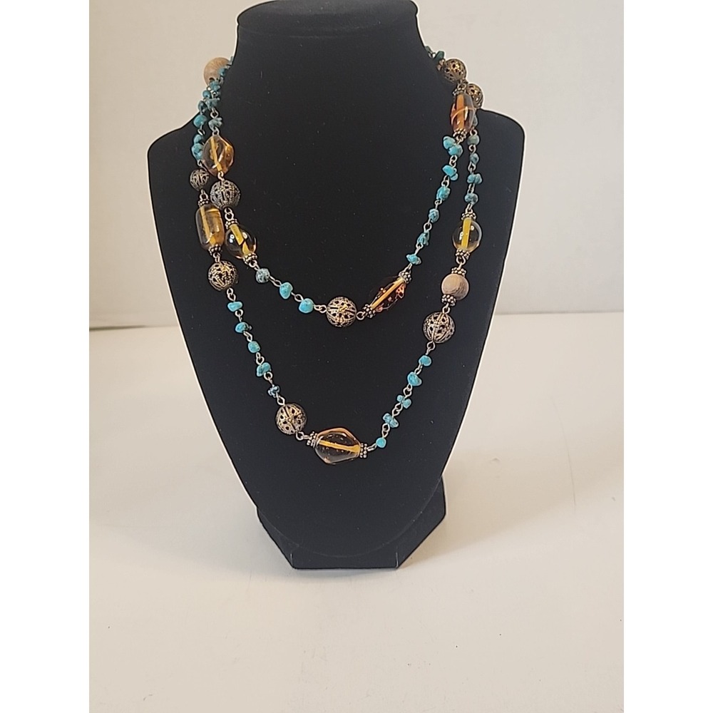 Long Linked 39.75" Turquoise Wood Glass & Metal Mixed Elements Boho Necklace